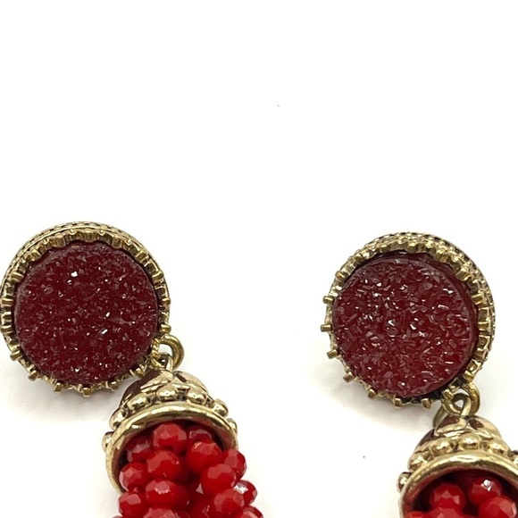 Red Drusey Gold Tone Earrings with Sparkling Long Beaded Tassels Rich Red Color - Picture 5 of 9